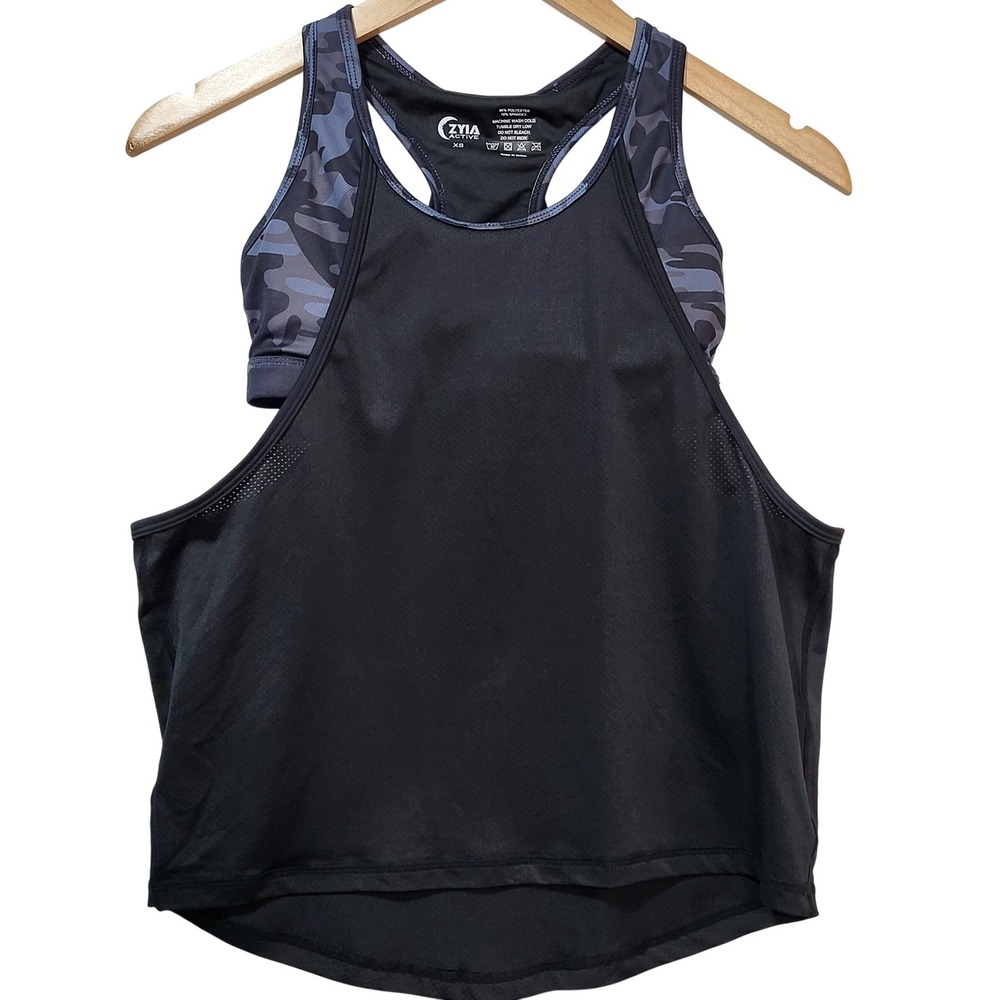 Zyia Active Womens XS Black 2-in-1 Tank Top Built-in Grey Camo Sports Bra Mesh